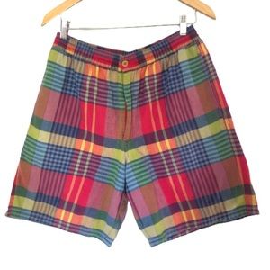 Vtg 80s 90s Madras Plaid Elastic Waist 20" Shorts